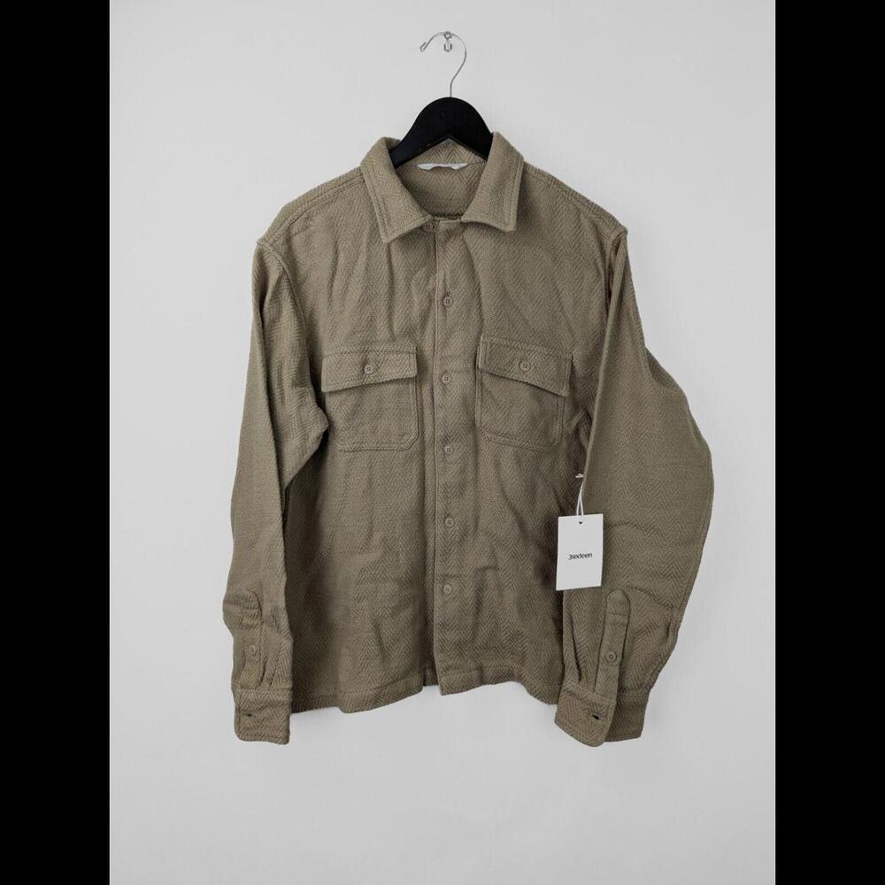 NWT 3SIXTEEN Men's Sz US L Camp Shirt in Herringbone HBT Linen Cotton Natural
